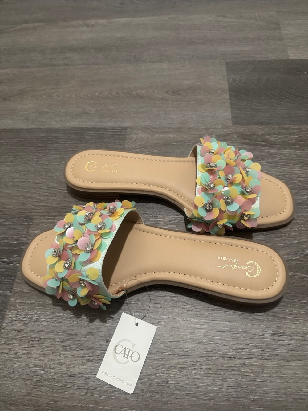 Cato Pastel Floral Appliqué Slide Sandals in Pink, Yellow, Mint